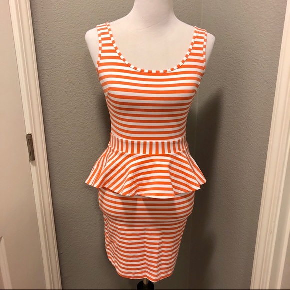 bebe Dresses & Skirts - NWOT Bebe Orange & White Striped Peplum Dress